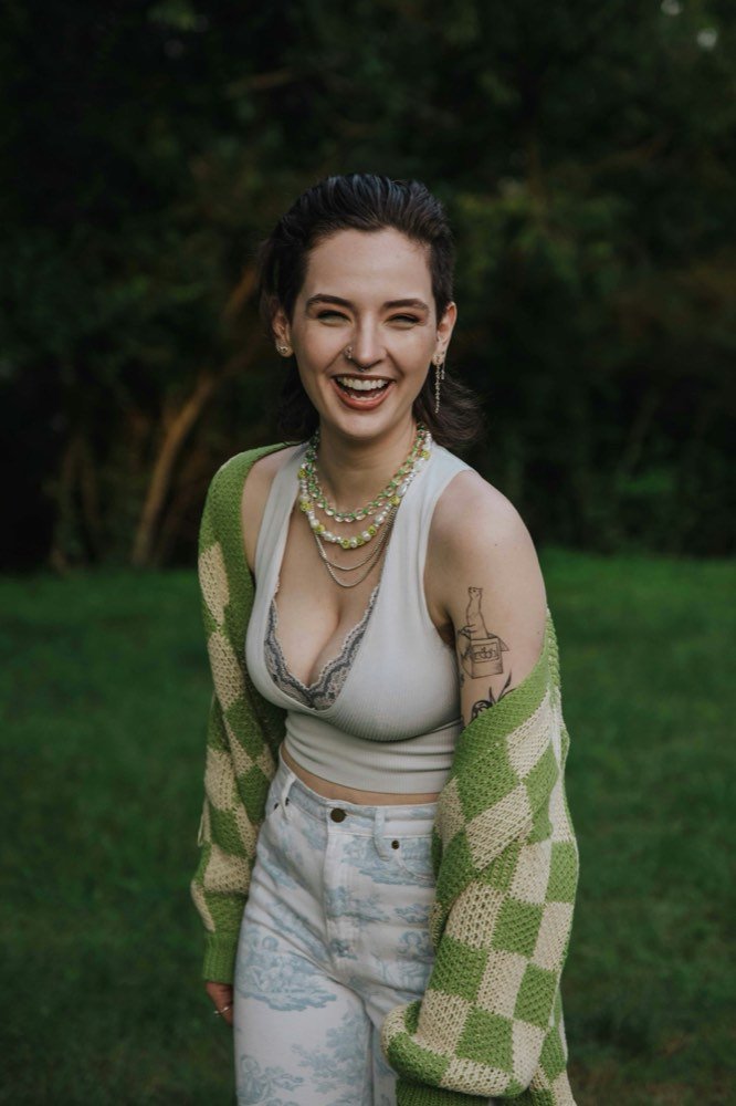 A woman laughing out loud